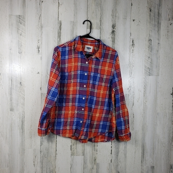 3/$15 old navy orange, blue plaid flannel like top women's size large - Picture 1 of 8